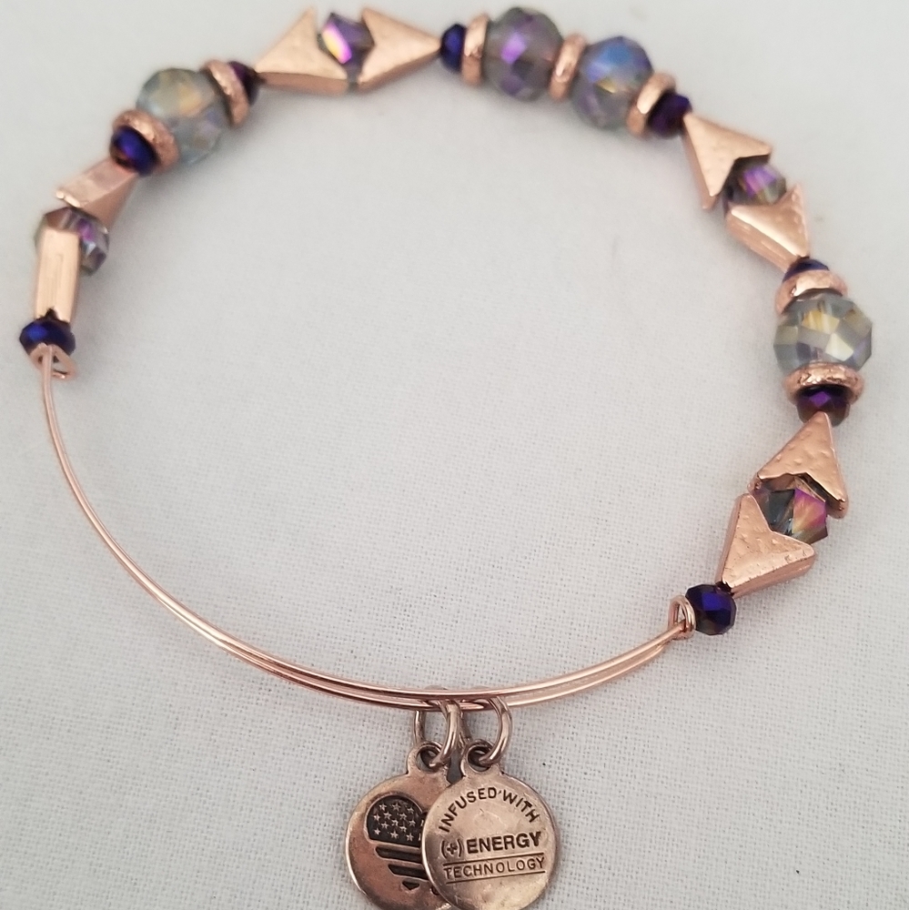 Alex and Ani Rose Gold Metal and Blue Bead Bangle.